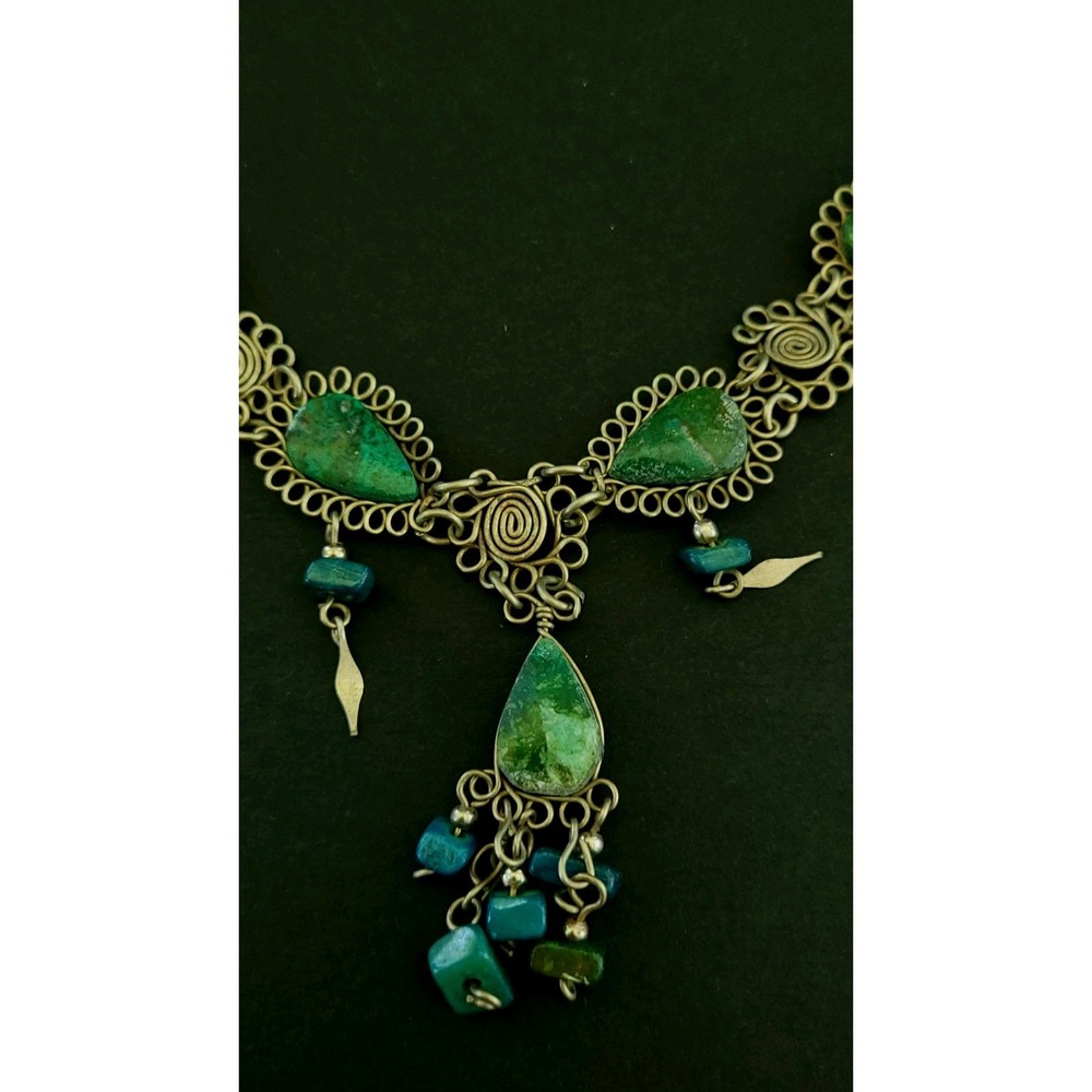 Artisan Green Stone Wirework Spiral Dangle Statement Y Necklace 18in 16g